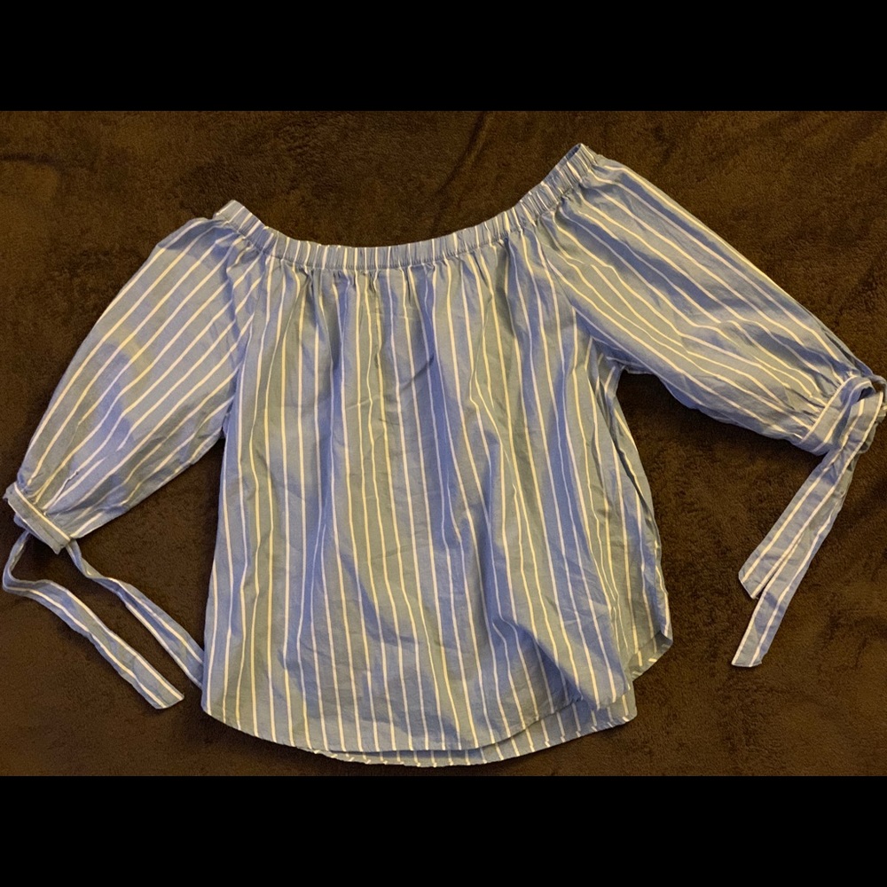 Off the shoulder white and blue striped shirt